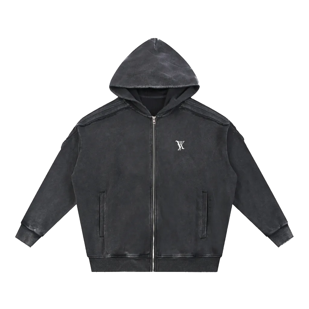 Snow Washed Tape Raw Edge Zip Hoodie